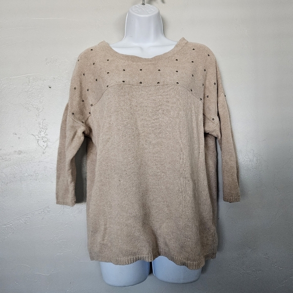 Route 66 Women's Small Beige Quarter Sleeve Sweater Gold Studded Boho Fall Shirt - Picture 1 of 7